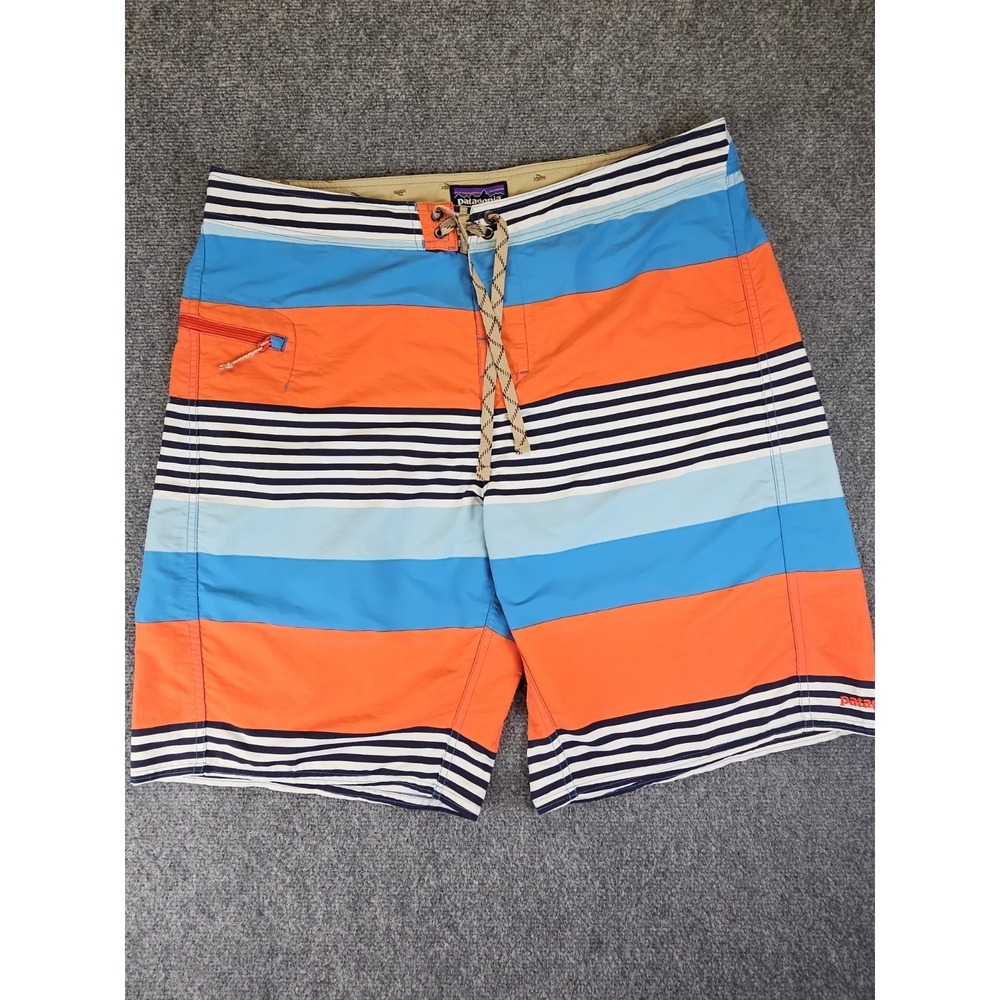 Patagonia Board Shorts Mens 38 Orange Blue Striped Excellent Lace-Up Trunks 1682